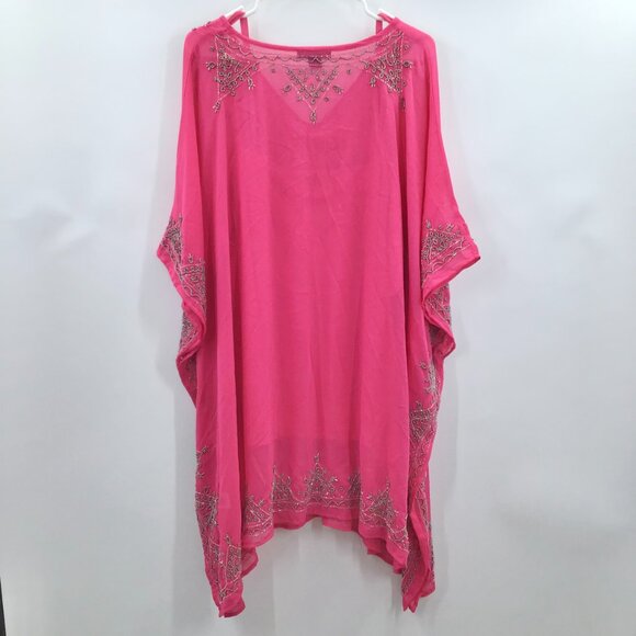 Incredible Women's 30/32 Hand Beaded 2 Piece Pink Boho Tunic Semi-Sheer V-Neck - Picture 8 of 15